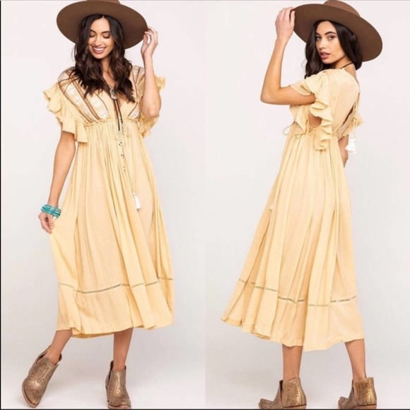 Free People Dresses & Skirts - NEW Free People Dress Embroidered Boho Midi Ruffled Short Sleeve Women's Small